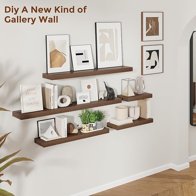 Heimlove 16 Inch Floating Shelves for Wall Walnut Shelves Set of 2,Wall Mounted Rustic Wood 8 Inch Deep Floating Shelf with Invisible Brackets for Bedroom Kitchen Living Room