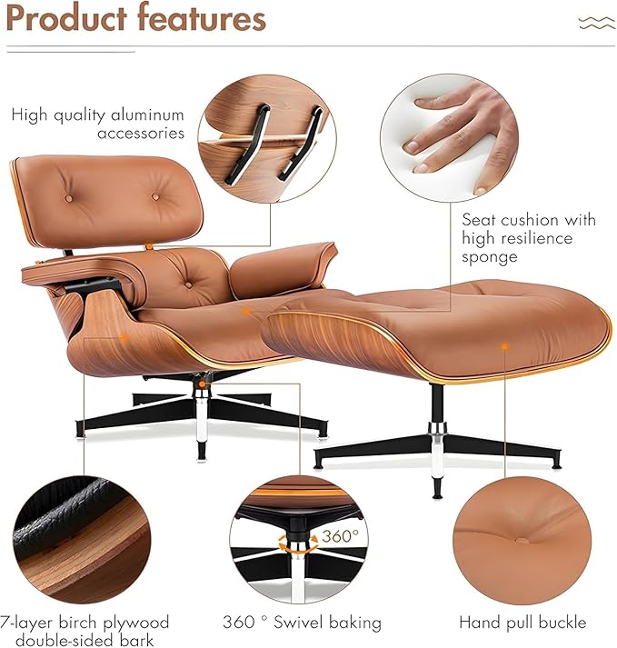 Mid Century Chaise Lounge Chair and Ottoman, Reading Chair, Leather Accent Chair, Modern Chair, Classic Design, Heavy Duty Base Support for Living Room Lounge Office (Walnut-Brown, Tall)