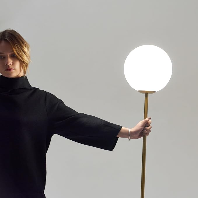 Brightech Luna LED Floor lamp, Modern Lamp for Living Rooms & Offices, Great Living Room Décor, Tall Lamp with Frosted Glass Globe, Mid Century Standing Lamp for Bedroom Reading - Brass/Gold