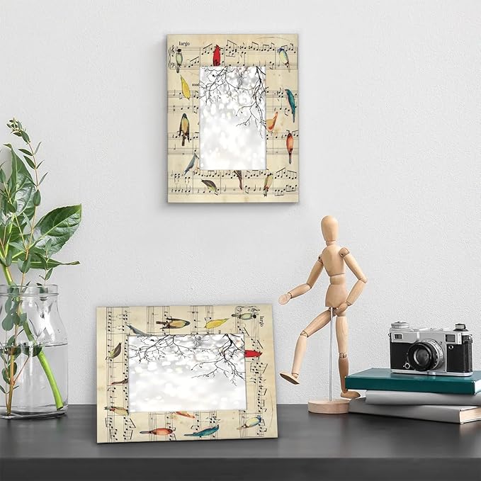 Retro Birds 4x6 Picture Frame Music Note Wooden Photo Frames for Tabletop Display Wall Mounting Fits 4x6 Pictures Home Office Decor