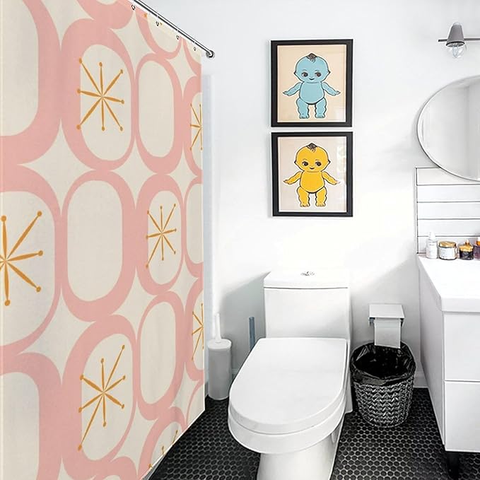 Retro 50S Shower Curtains Vintage Mid Century Aesthetics Modern Pink Beige Pattern Duty Fabric Shower Curtain Set Bathroom Polyester Waterproof with 12 Hooks, 55x72Inch（140x183cm）