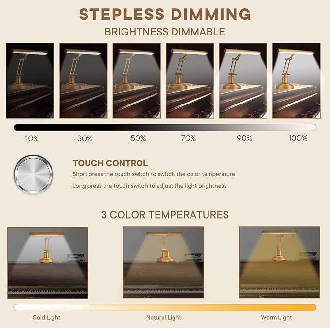 Vintage Piano Lamp for Grand/Upright Pianos, Bronze Piano Light with Touch Control & 3 Color Temperature & Stepless Dimming, Gold Foldable Desk Lamp for Bankers, Office, Reading, Bedside
