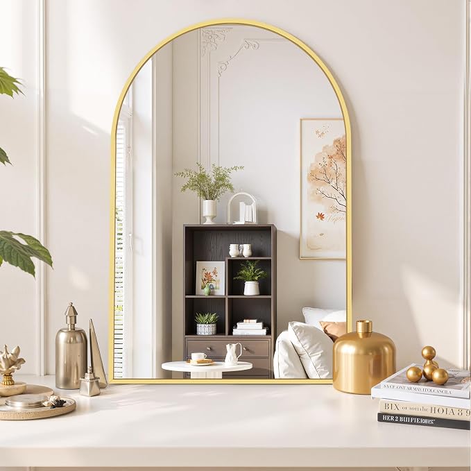 Arched Wall Mirror 38x26 Inch Gold Bathroom Vanity Mirror with Metal Frame, Modern Arch Mirror for Bedroom, Living Room, Entryway, Wall Mounted Decorative Mirror