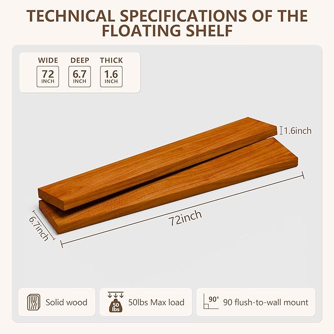 IEO Long Wooden Floating Shelves for Room Wall, Natural Wood Floating Shelves Wall Mounted Kitchen Shelf for Living Room, Bedroom, Kitchen,Bathroom, Storage (Honey Oak, 72in 2tier)