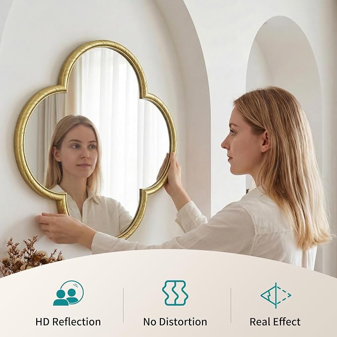 Vintage Wall Mirror Decor - 31.5" Large Antique Gold Four-Leaf Clover Mirror with Rope-Like Frame, Wall Decorative Mirrors for Living Room, Bedroom, Fireplace, Bathroom