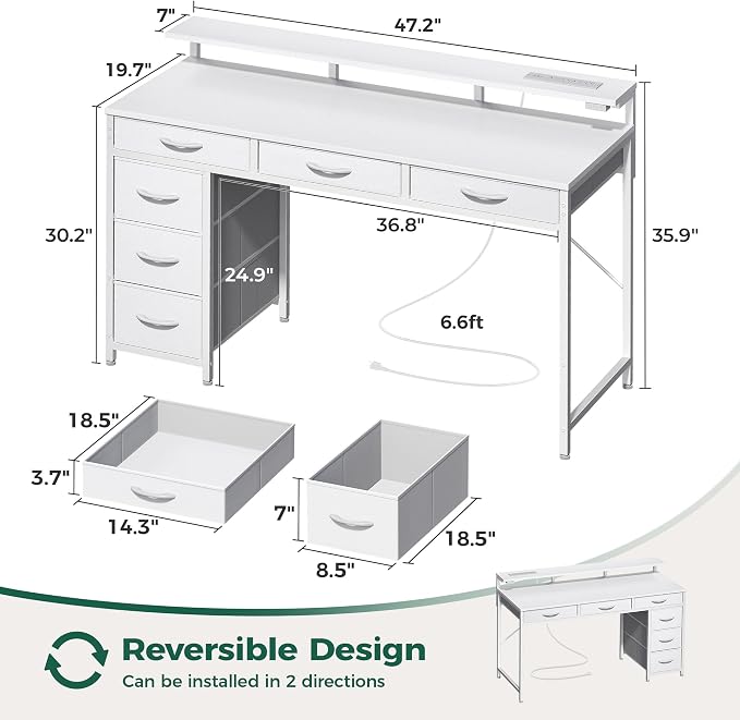 Huuger Gaming Desk with 6 Drawers, Computer Desk with LED Lights Power Outlets and Type-C, 47 Inch Office Table with Storage, Monitor Stand, Writing & Work Home Office, Bedroom, Study, White