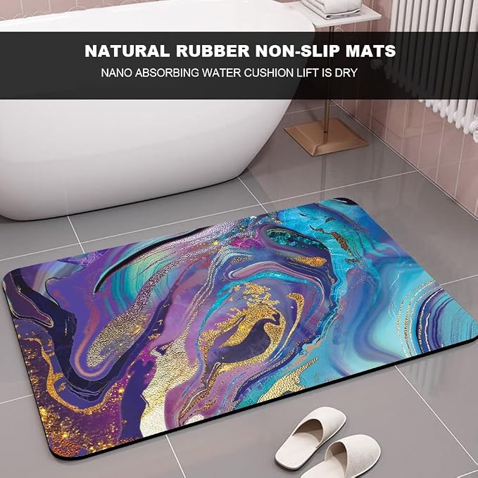 Diatomaceous Earth Bath Mat,Purple Gold Marble Non-Slip Volume Super Absorbent Fast Drying for Bathroom Kitchen Door mat,Eco-Friendly Easy to Clean 17×27.5Inch (43 * 70cm)