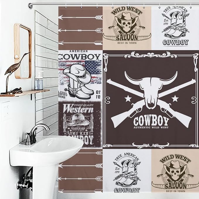 Vintage Cowboy Western Country Shower Curtain,Bull Head Boots Arrow Patchwork Design Waterproof Shower Curtains for Bathroom Decor 12 Pack Hooks 72x72in (183x183cm)