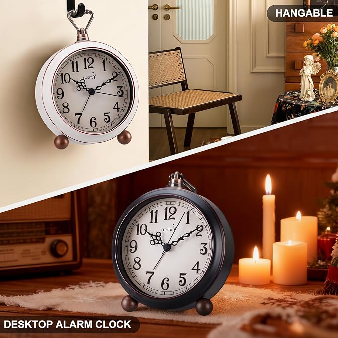 FLOITTUY 4.5" Battery Operated Antique Retro Analog Metal Alarm Clock, Silent Bedside Desk Clock, Wall-Hanging Vintage Clock(Vintage White)