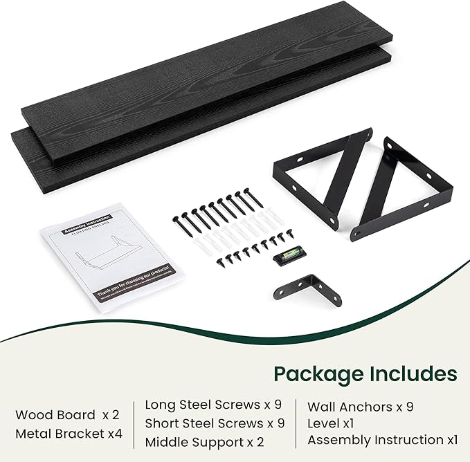 Floating Shelves, 8 Inch Deep Rustic Wood Wall Storage, 36W x 8D Wall Shelves Set of 2, Heavy Duty Metal Brackets, Industrial Book Shelf for Living Room, Kitchen, Bathroom, Bedroom, Black