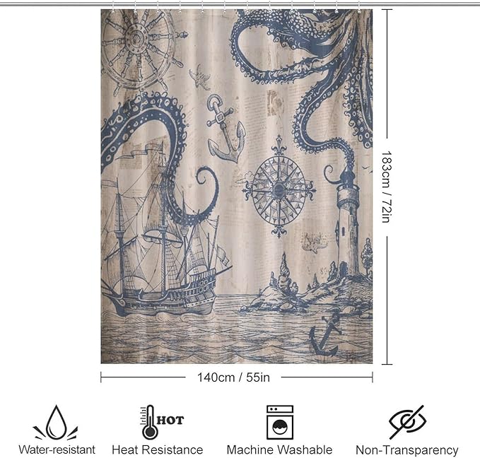 Ocean Nautical Shower Curtains,Sailboat Compass Hand Painted Navigation Vintage Nautical Elements Waterproof Shower Curtains for Bathroom Decor 12 Pack Hooks 55x72in（140x183cm）