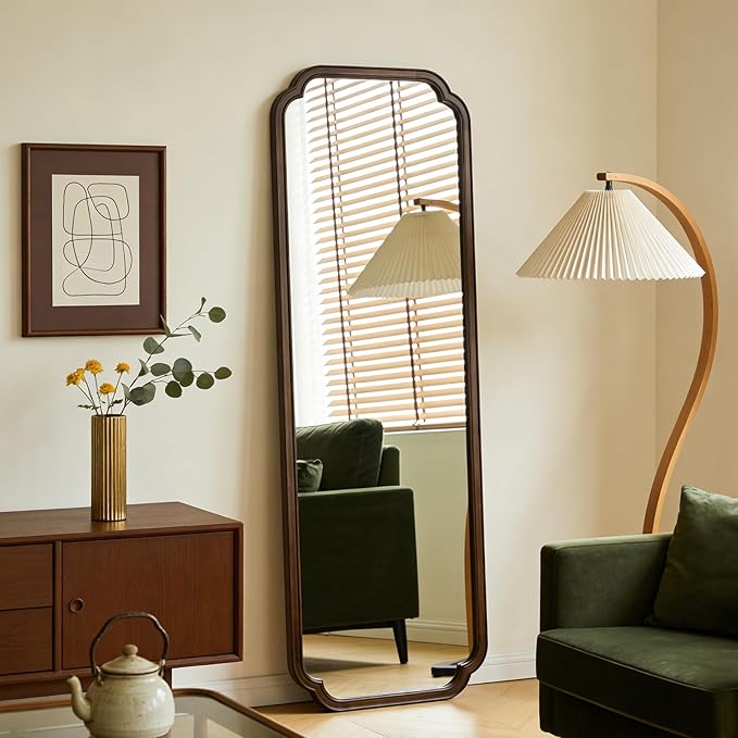 HOMECOOKIN Full Length Mirror Wall Mounted, Rustic Wooden Frame Floor Mirror, Rounded Corner Large Full Body Mirror for Bedroom,Dressing Room， Leaning or Hanging Against Wall (Walnut, 22" L x 65" W)