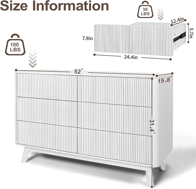 Fluted 6 Drawers Dresser for Bedroom,52" Wide Handleless Chest of Drawers with Faux Marble Top, Wooden Dresser TV Stand, Wood Drawer Organizer for Living Room, Hallway, White