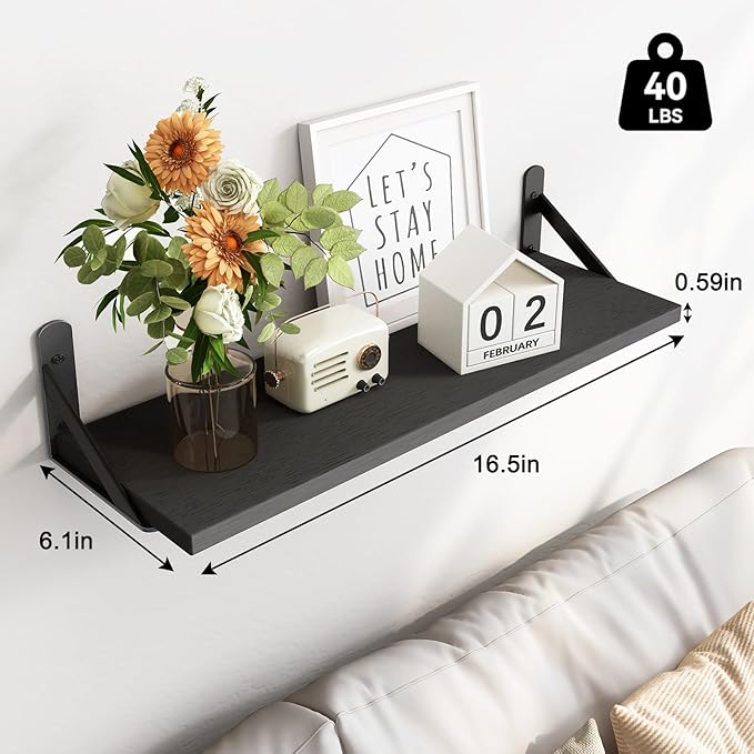 Fixwal Black Shelves for Wall, Wood Wall Mounted Floating Shelves for Bedroom, Bathroom, Living Room, Kitchen Storage and Decor(Black, Set of 3, 16.5 Inch)