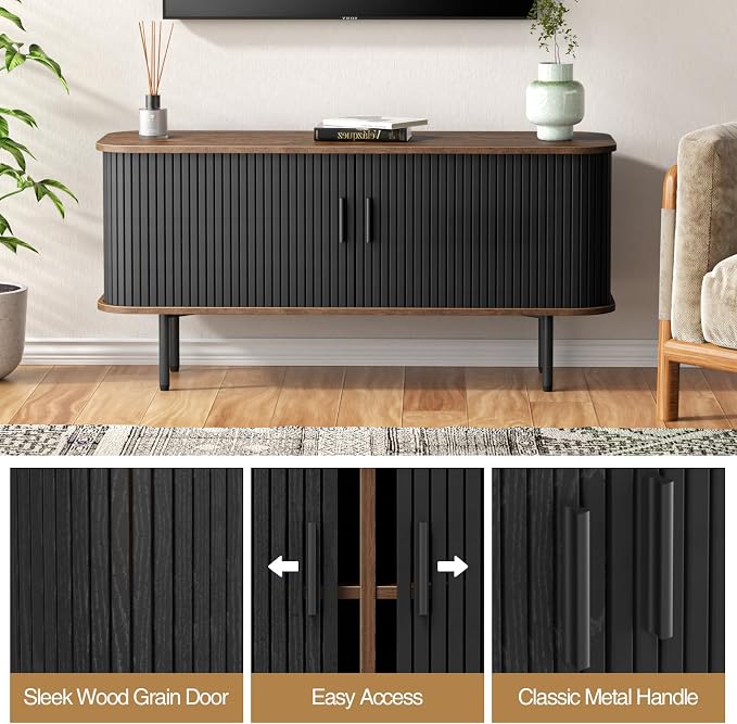 47''W Black Storage Cabinet, Fluted Sideboard Buffet Cabinet with Storage, Console Table Credenza with Tambour Slatted Sliding Doors and Shelves, Modern TV Stand for Living Room, Kitchen, Entryway