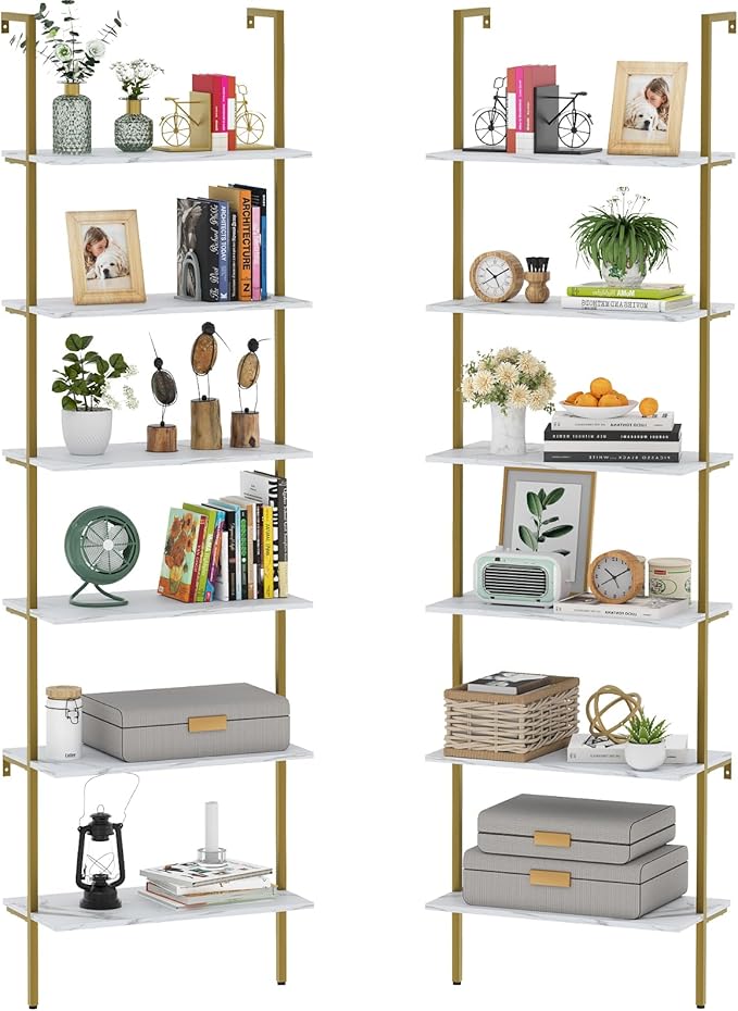 Wolawu Ladder Shelf 2PCS Wall Mounted Bookshelf 6 Tiers Marble White Modern Bookshelf Open Tall Wall Mount Bookcase Standing Leaning Wall Shelves Industrial Decorative Living Room Bed Room