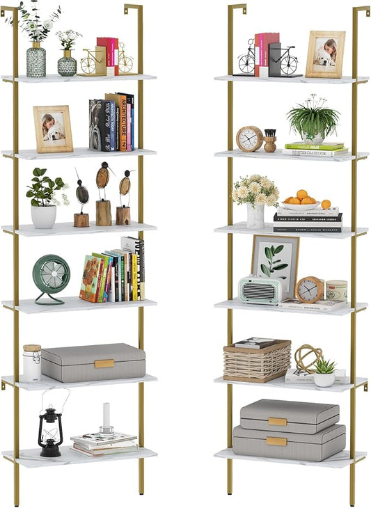 Wolawu Ladder Shelf 2PCS Wall Mounted Bookshelf 6 Tiers Marble White Modern Bookshelf Open Tall Wall Mount Bookcase Standing Leaning Wall Shelves Industrial Decorative Living Room Bed Room