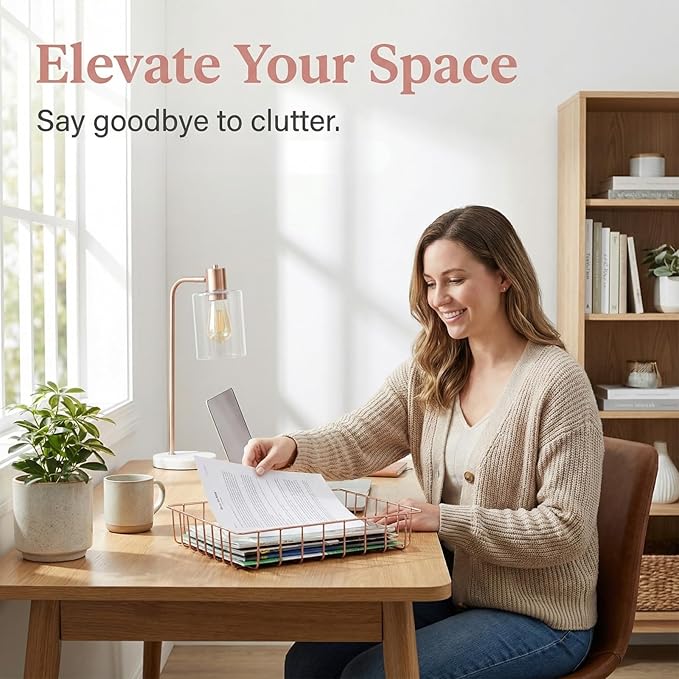 Okllen 3 Pack Wire File Tray, Rose Gold Desk Paper Letter Tray, Magazine Files Storage Basket Organizer Bin for Office, Pantry Home, Classroom, School