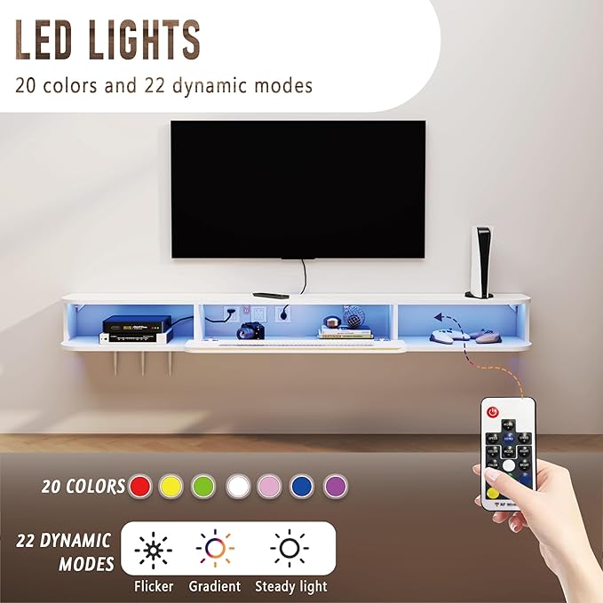 Floating TV Stand with LED Lights, 71'' Solid Wood Wall Mounted TV Cabinet with Glass Door, Mid-Century Entertainment Media Console Center Large Storage Shelf Under TV (70.86IN, White)