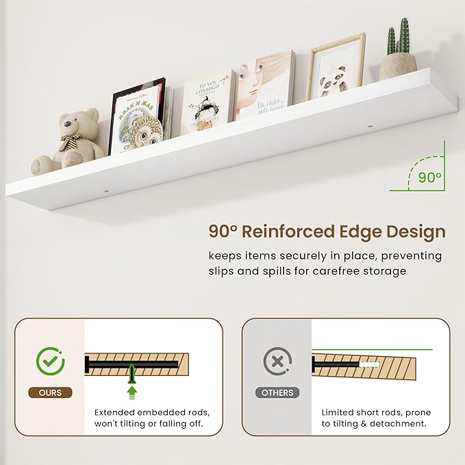 72in Floating Shelves for Wall, 72"W x 9.25"D x 1.5"H, Long Wall Mounted Engineered Wood Shelves with Invisible Brackets for Living Room, Bedroom, Bathroom, Kitchen Decor and Storage, White