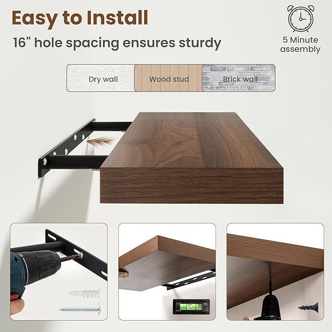 48 Inch Floating Shelves for Wall, 8 Inch Deep Floating Shelf for Storage & Display, Rustic Wall Mounted Shelf with Invisible Brackets for Living Room, Kitchen, Bathroom, Home Decor, Set of 2, Walnut