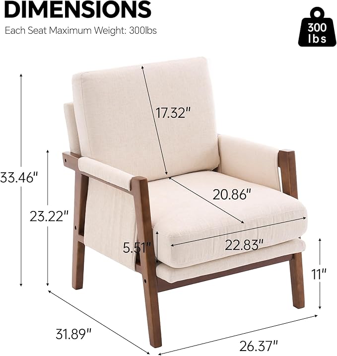 Mid Century Modern Accent Chairs Set of 2 with Solid Wood Frame, Upholstered Living Room Chairs with Wide Armrest, Chenille Fabric Comfy Arm Chair for Bedroom, Reading Room, Balcony, Beige