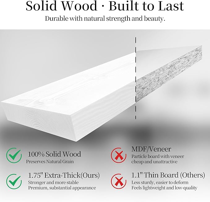 BGMG Wood Floating Shelves for Wall 60 inch Set of 2,White Floating Shelves,Solid Wood Wall Mount Shelves for Bathroom Living Room Bedroom Kitchen Farmhouse -60x6.7x1.75 inch