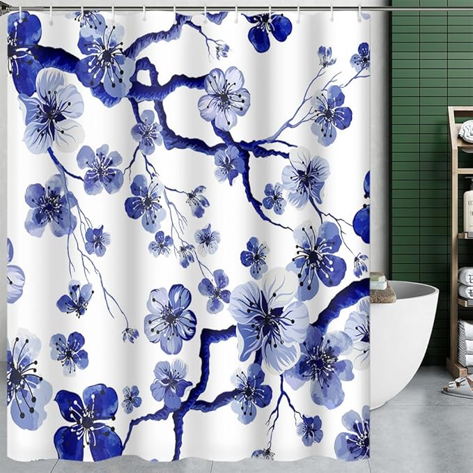 Plum Blossom Shower Curtain Watercolor Blue Floral Modern Art Painting Shower Curtains for Bathroom Accessories Waterproof Polyester Fabric with Hooks, 60 x 72 Inch