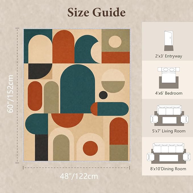 Teal Rust Area Rug 4x5, Mid Century Modern Mosaic Geometric Rug, Retro Abstract Color Block Washable Low Pile Non Slip Rug for Living Room Bedroom