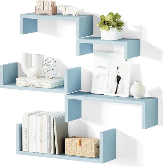 SRIWATANA Floating Shelves for Wall, Wall Shelves for Bathroom, Bedroom, Living Room, Kitchen, Office, Wood Shelves for Wall Decor Set of 5 (Blue)
