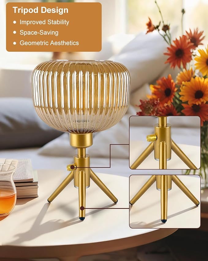 Lightdot Tripod Glass Table Lamp Gold Small Desk Lamp with Brown Striped Glass Shade, 3000K Warmwhite Dimmable Nightstand Lamp for Bedroom/Bedside/Living Room/Study Room/Home Decor