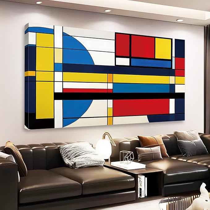 Rumftozyb Abstract Cubism Canvas Wall Art, Blue, Yellow and Red Canvas Print, Geometric Pattern Wall Art, Colorful Poster, Minimalist Wall Decor, Mid Century Modern Home Decor (30"x17" | 76x43cm)