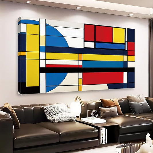 Rumftozyb Abstract Cubism Canvas Wall Art, Blue, Yellow and Red Canvas Print, Geometric Pattern Wall Art, Colorful Poster, Minimalist Wall Decor, Mid Century Modern Home Decor (23"x13" | 60x35cm)