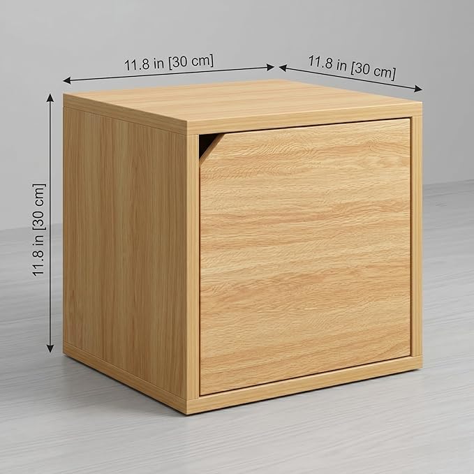 Modular Storage Cube with Door, 11.8" x 11.8" [30 x 30 x 30cm] Multipurpose Wooden Bookshelf and Closet Organizer, Stackable Shelving Unit with Optional Removable Interior Shelf (3, Walnut)