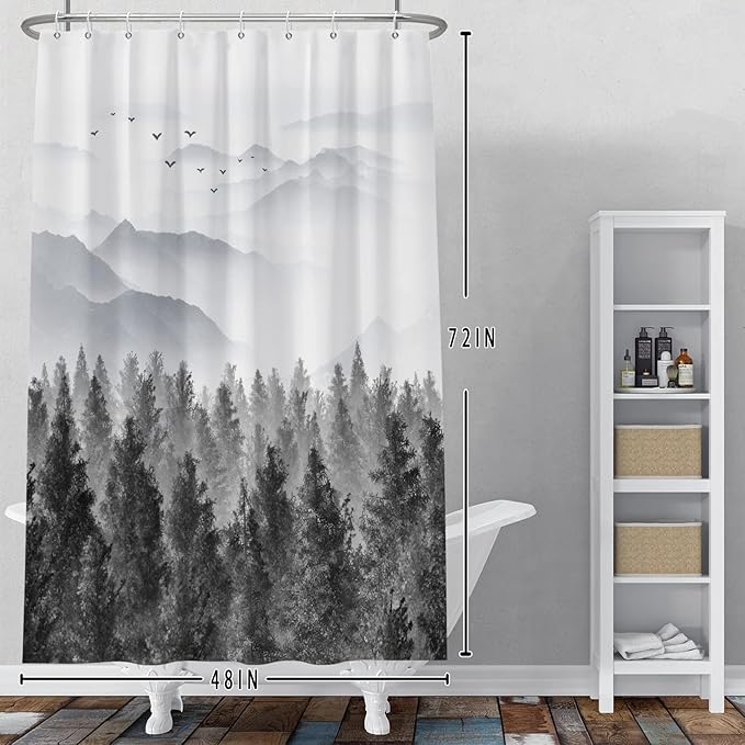 Baocicco Grey Forest Mountain Shower Curtain Watercolor Misty Forest Nature Tree Mountain Landscape Shower Curtains for Bathroom Waterproof Fabric Shower Curtain with Hooks 48x72 Inches