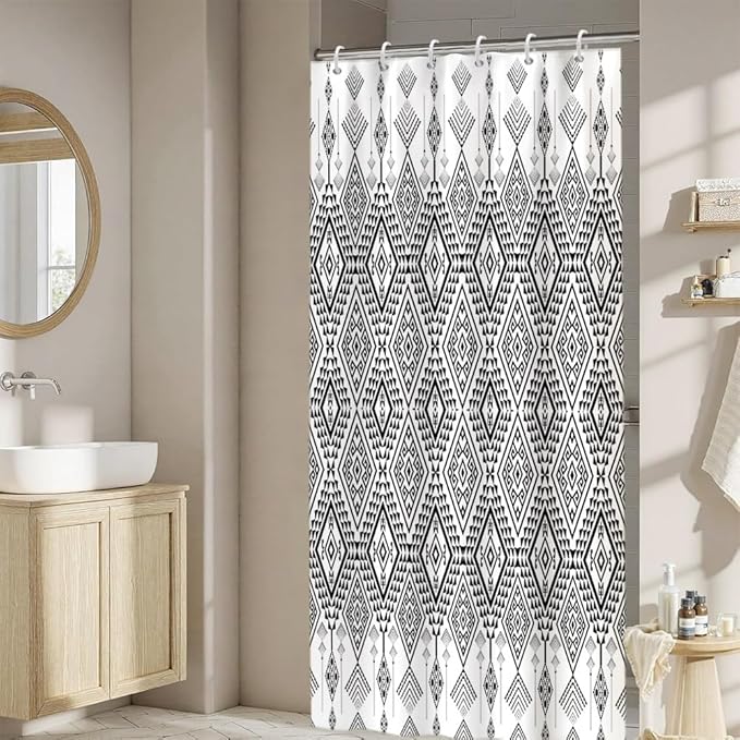 Bohemian Shower Curtain for Bathroom Black and White Geometric Pattern Shower Curtains Modern Abstract Minimalist Bathroom Decor Set Washable Waterproof Polyester Fabric with Hooks 48x72 Inch
