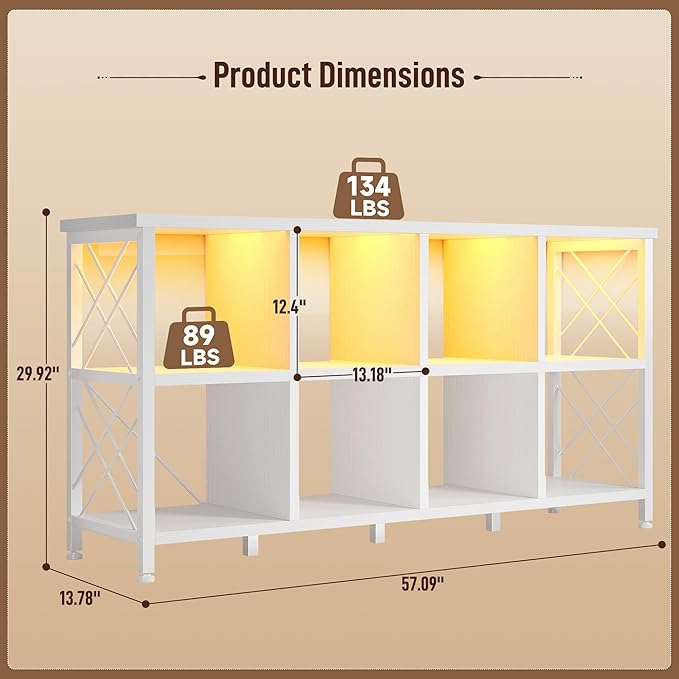 DurayLoly 8 Cube Storage Organizer with LED Light and Charging Station, Wood and Metal Cube Shelf as White Horizontal Book Shelf for Bedroom Home Office