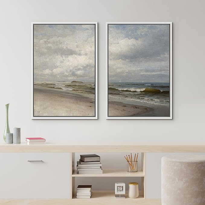 IDEA4WALL Framed Canvas Print Wall Art Set Coastal Beach Scene Classic Ocean View Illustrations Modern Art Decorative Coastal Cottage Seascape for Bedroom - 24"x36"x2 WHITE