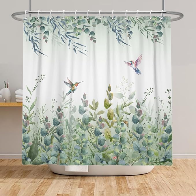 Sage Green Shower Curtain Spring Bird Shower Curtain for Bathroom Plant Eucalyptus Hummingbird Shower Curtains Summer Botanical Leaves Extra Long 72x72 in with 12 Hooks