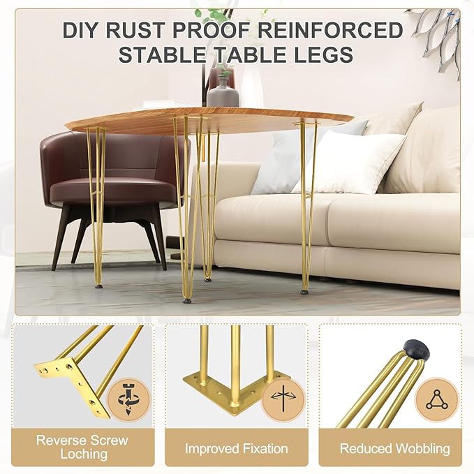 20Inch Hairpin Table Legs Golden Set of 4 Desk Legs,1300lbs Load Capacity ， Rodsfor Coffee Table, Night Stand Desk Bench，Desk, Bench Desk Dining End Table Chairs