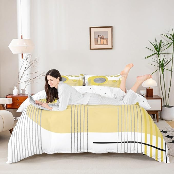 Erosebridal Yellow and White Abstract Boho Twin Comforter Cover Minimalist Aesthetic Neutral Duvet Cover Mid Century Modern Bed Set Botanical Leaves Geometric Bedding Set