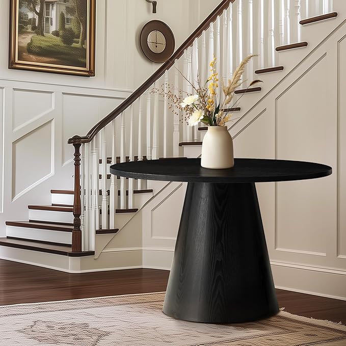 47" Round Pedestal Dining Table, Black Solid Wood Kitchen Table for 4, Rustic Farmhouse Round Table for Dining Room, Breakfast Nook