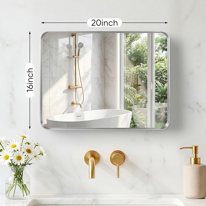 NEWBULIG 16X20 Inch Bathroom Mirror for Over Sink, Wall Vanity Mirrors Tempered Glass, Anti-Rust Metal Framed Rounded Rectangle, Hangs Horizontally or Vertically, Farmhouse Home Decor, Silvery