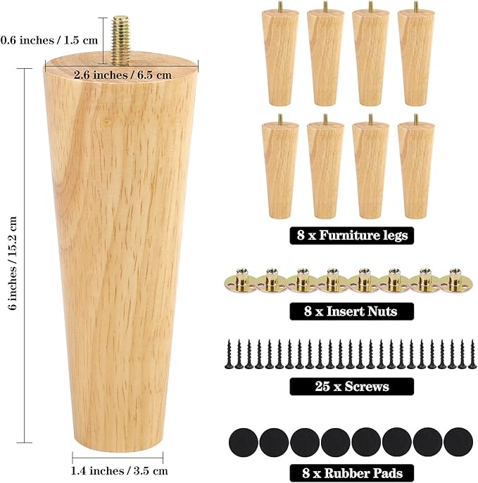 Ruisita 8 Pieces Furniture Couch Legs 6 Inch Round Solid Wood Sofa Legs with M8 T-Nuts Natural Wooden Couch Legs Replacement Leg for Armchair Cabinet Chair Mid Century Modern Dresser, Natural Wood