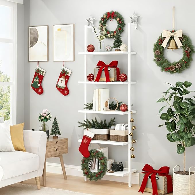 Karl home Ladder Shelf 5 Tier Wall Mounted Bookcase with Metal Frame, Open Design Shelves for Living Room, Bedroom, Home, Office, White (23.62" L x 11.81" W x 70.87" H)
