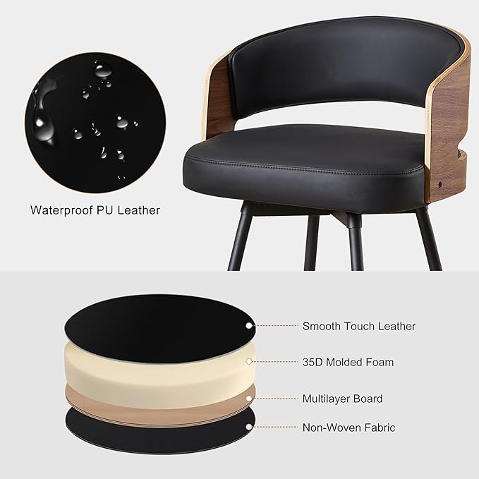 Swivel Bar Stools Set of 2, 26" Counter Height Bentwood Barstool, Upholstered Faux Leather Barstools with Walnut Back, Mid Century Modern Bar Chairs for Kitchen Island, Bar