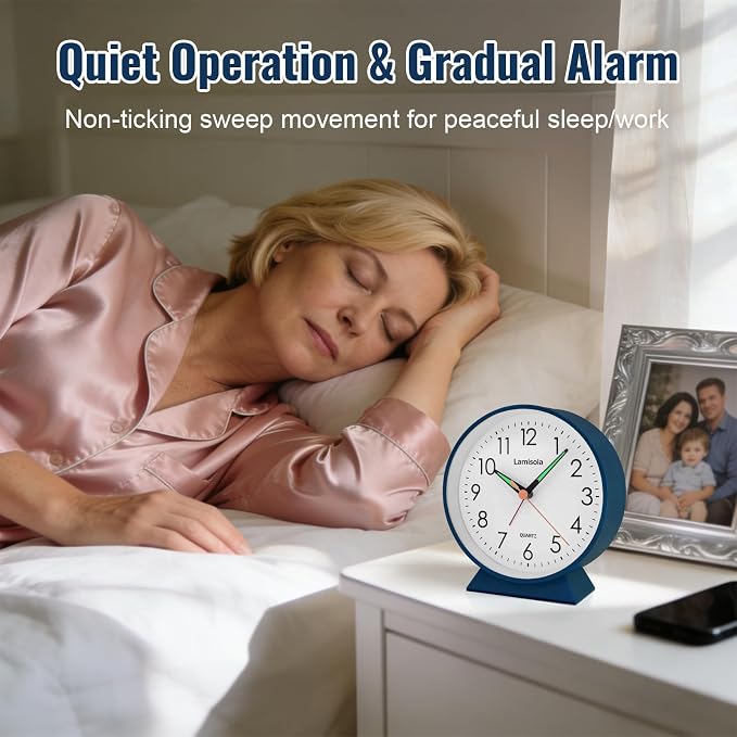 Lamisola 4.5 Inch Small Silent Analog Alarm Clock, Retro Battery Operated Desk Clock with Night Light Stays On 4 Seconds Vintage Metal Table Clock for Bedside, Bedroom, Office, Bathroom - Navy Blue