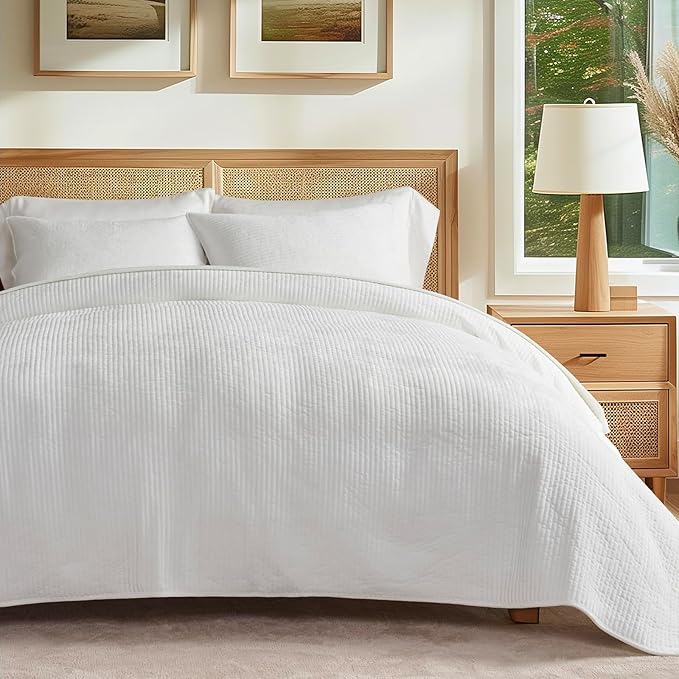 EverGrace Velvet Quilt Set Queen Size, Luxurious Soft Quilted Bedding Sets, Lightweight Velvet Comforter for All Season, Striped Channel Bedspread Coverlet with 2 Shams, Bright White