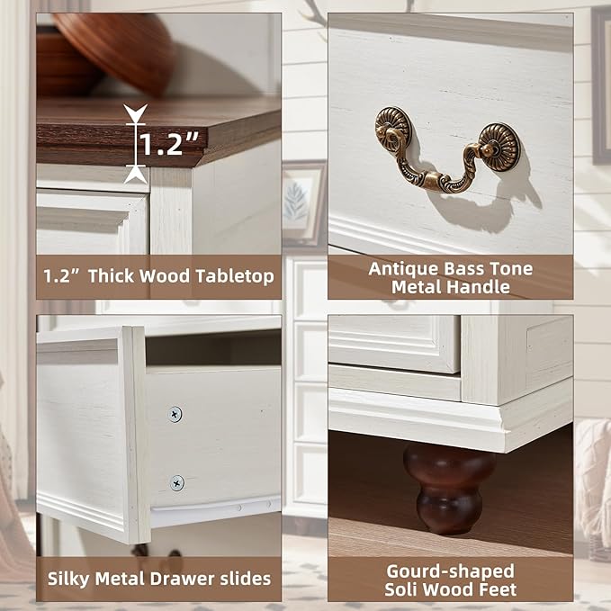 Farmhouse 5 Drawer Dresser for Bedroom, 45" Tall Rustic Chests of Drawers w/ 4 Solid Wood Feet, Mid Century Modern Wooden Closet Storage Dressers Organizer for Living Room, Hallway, White