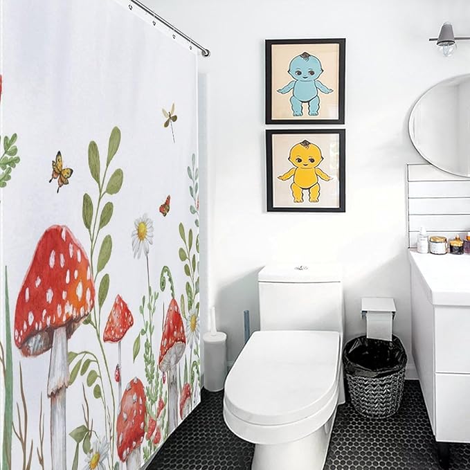 Mushroom Shower Curtain, Rustic Sage Green Botanical Vintage Mushroom Wildflower Forest Plants Herbs Farmhouse Country Waterproof Fabric Bathroom Shower Curtain Set with Hooks, 72"x78" Inch